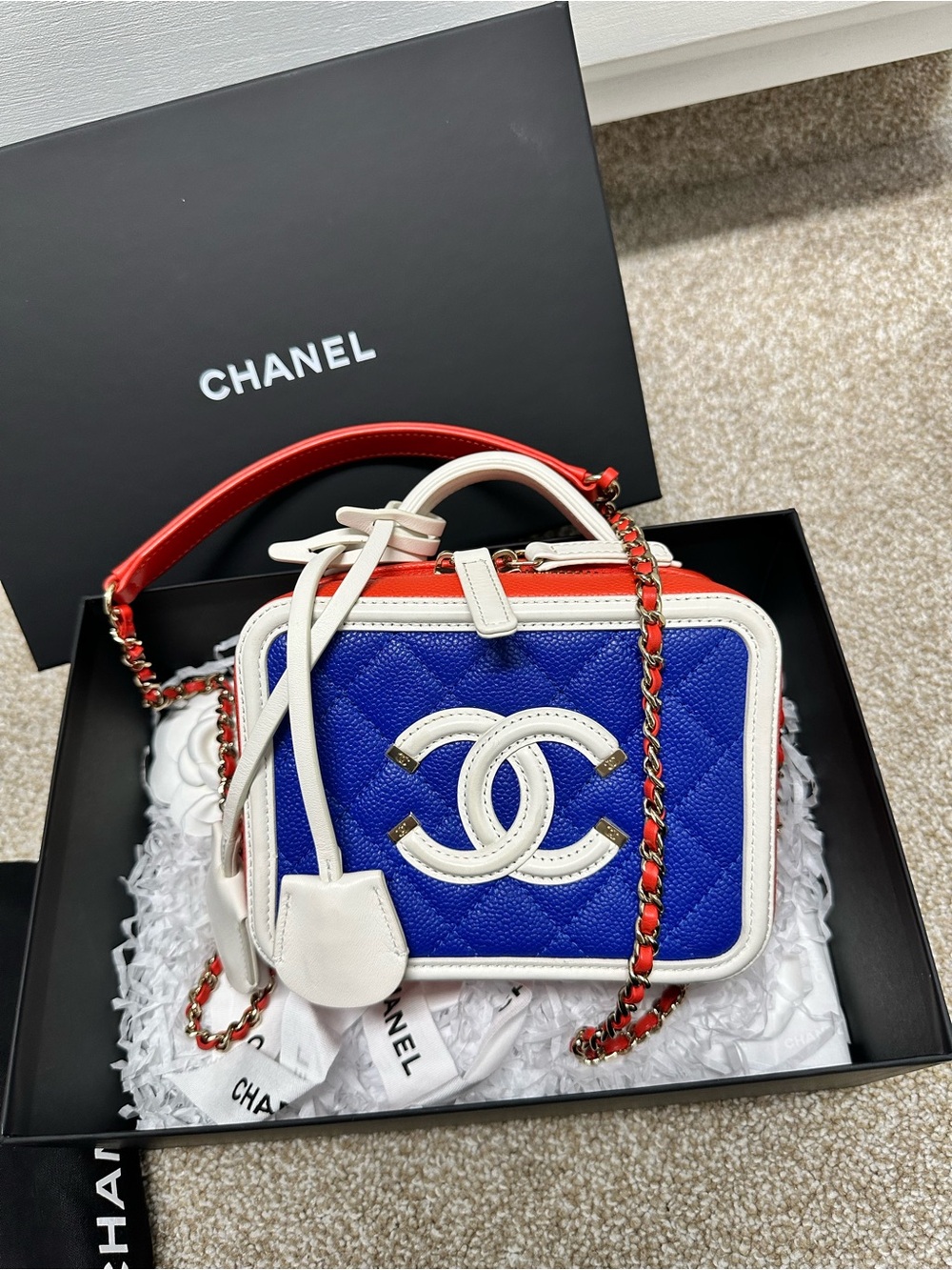 CHANEL Blue, White & Red Quilted Vanity Crossbody Bag